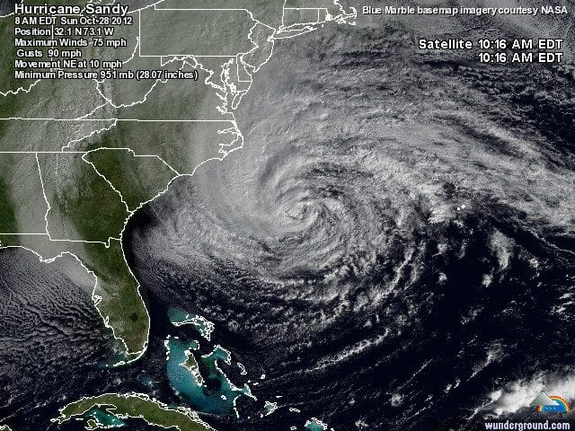 Satellite image of Hurricane Sandy.