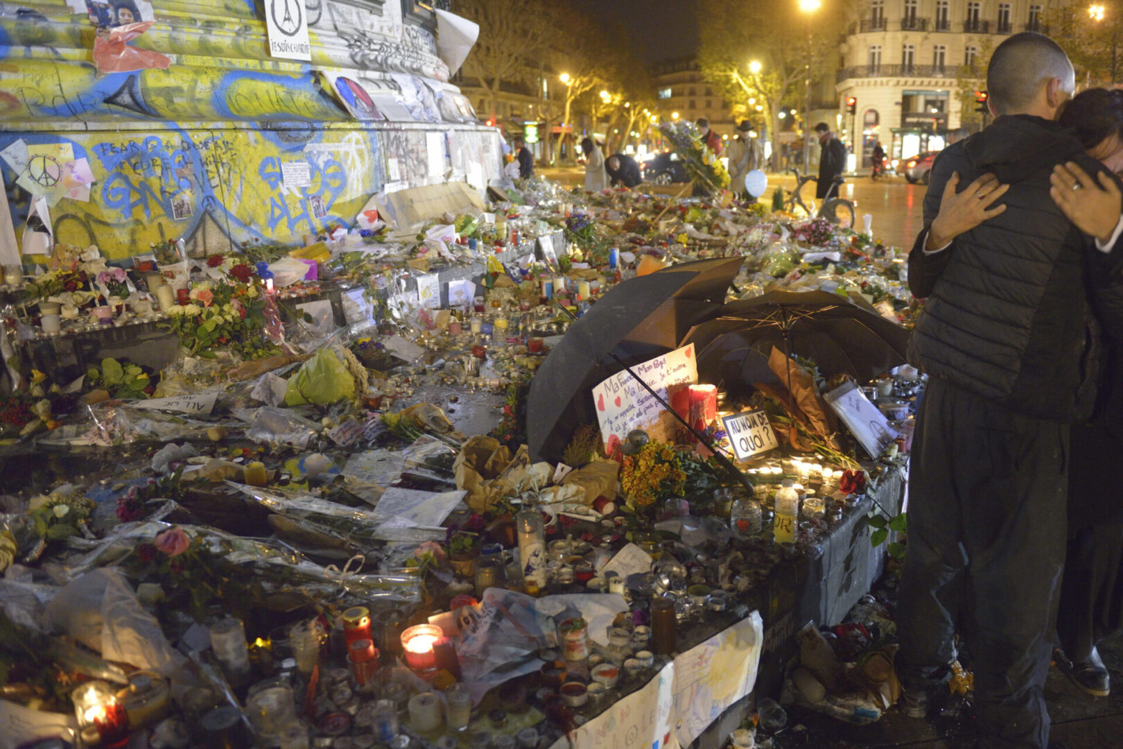 Paris memorial candles and flowers.