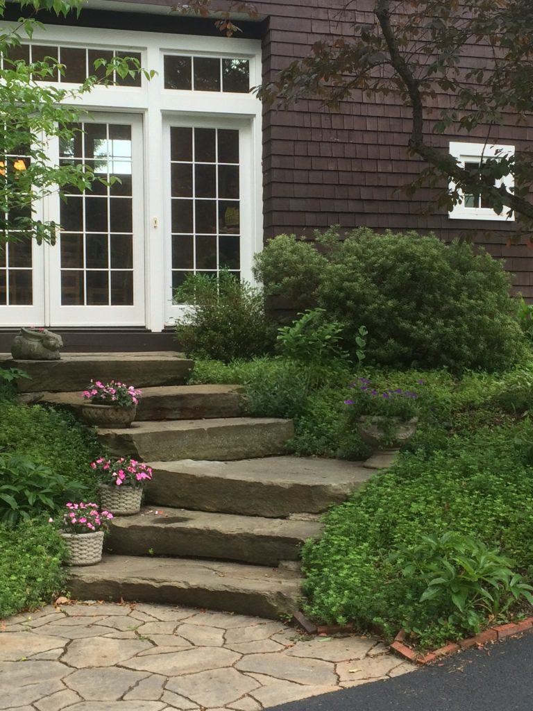 Stone steps leading to house entrance.