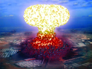 A large explosion with yellow and red colors.