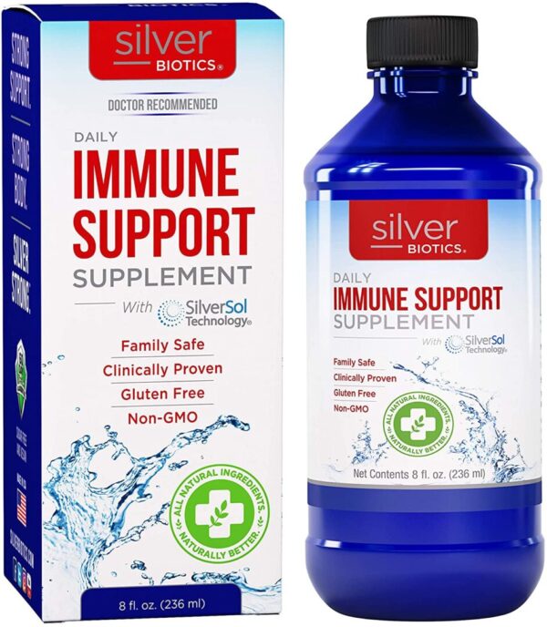 A bottle of silver biotics daily immune support supplement.