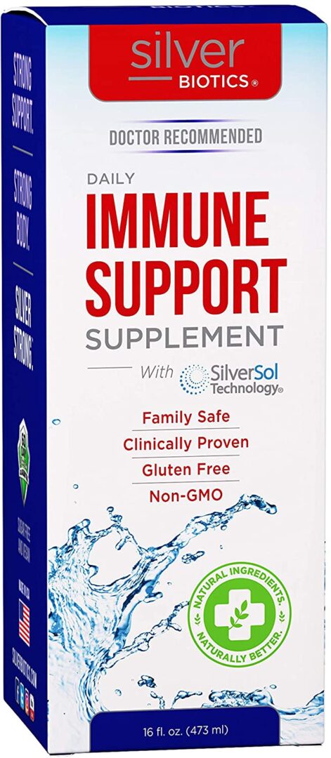A box of immune support supplement with silversol technology.