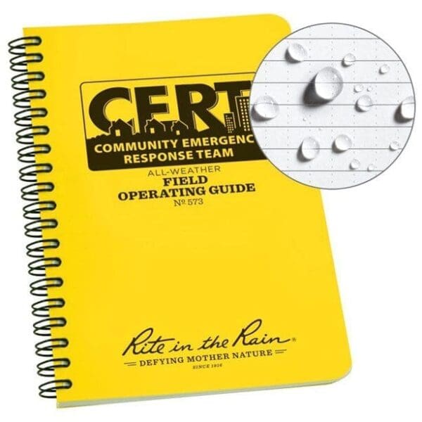 A yellow spiral bound book with the words cert community emergency response team field operating guide on it.