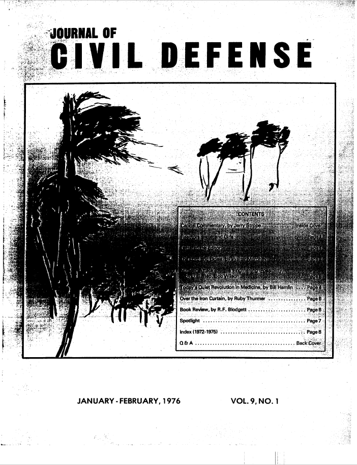 A black and white image of the cover of civil defense magazine.