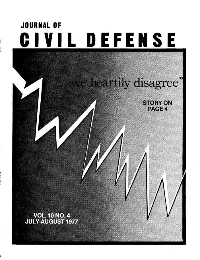 A black and white image of the cover of civil defense magazine.