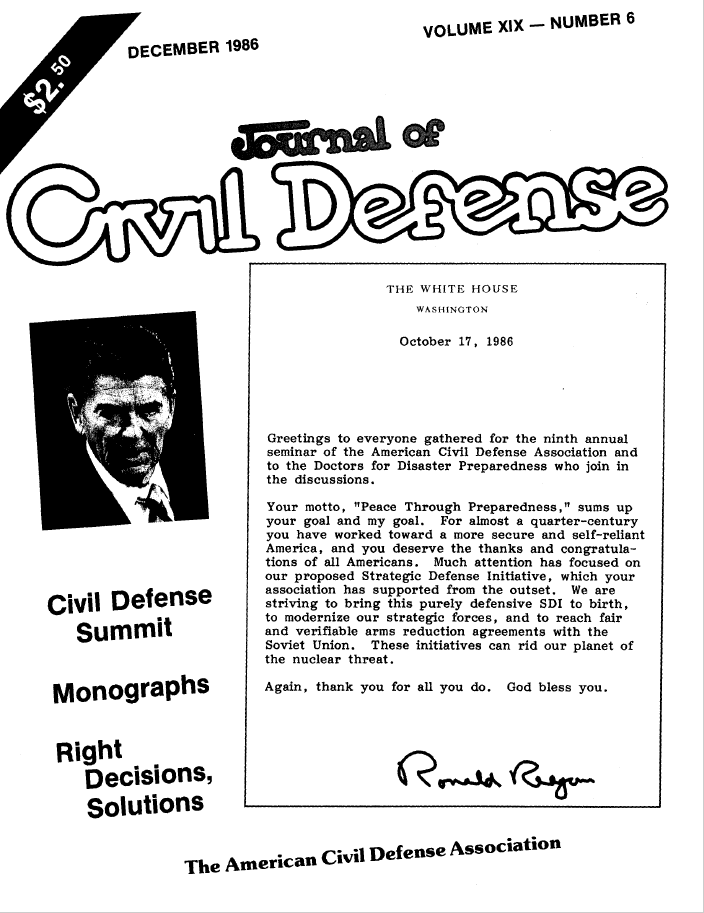 A picture of ronald reagan on the cover of a civil defense journal.