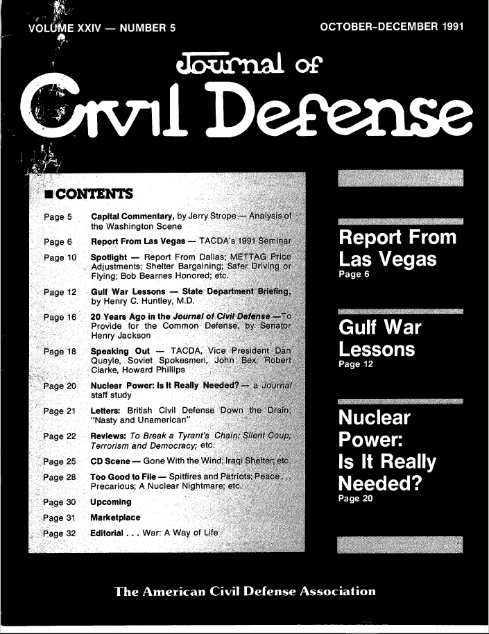 A black and white photo of the contents page for civil defense magazine.