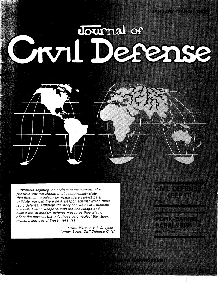 A black and white image of the front cover of a civil defense magazine.