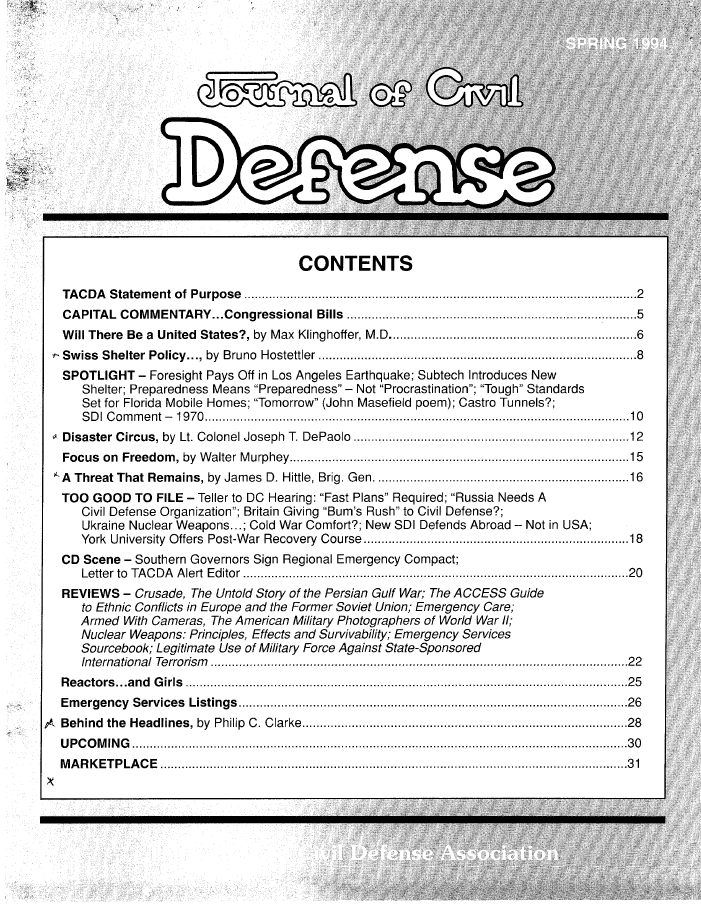 A table of contents for the defense magazine.