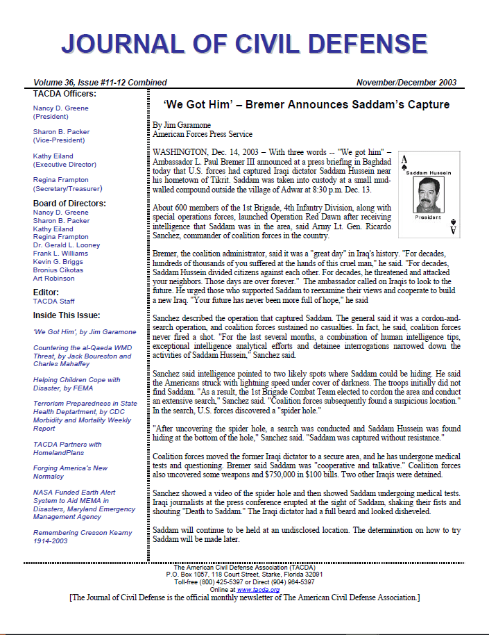 A page of an article about bremer announcing saddam 's capture.