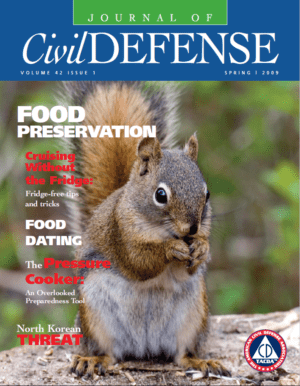 A squirrel is standing on the cover of civil defense magazine.