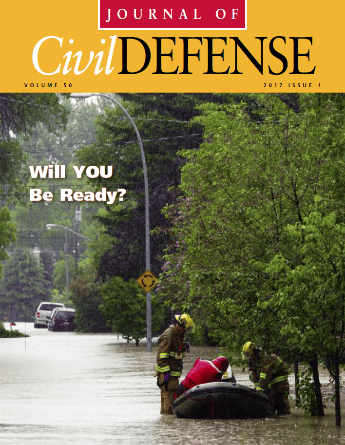 A magazine cover with a flooded street and firefighters.