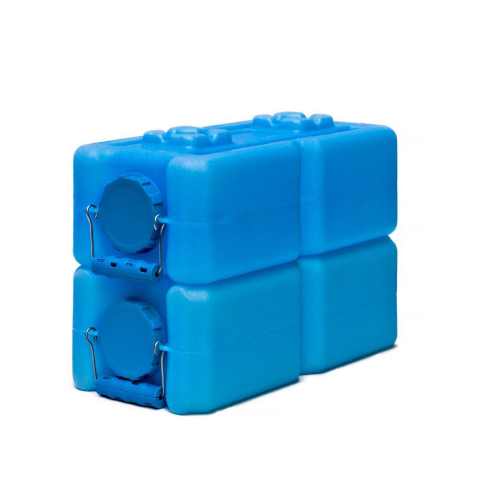 A blue block of ice with two blocks stacked on top.