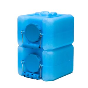 A blue water tank with two holes in it.