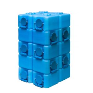 A stack of blue water containers stacked on top of each other.