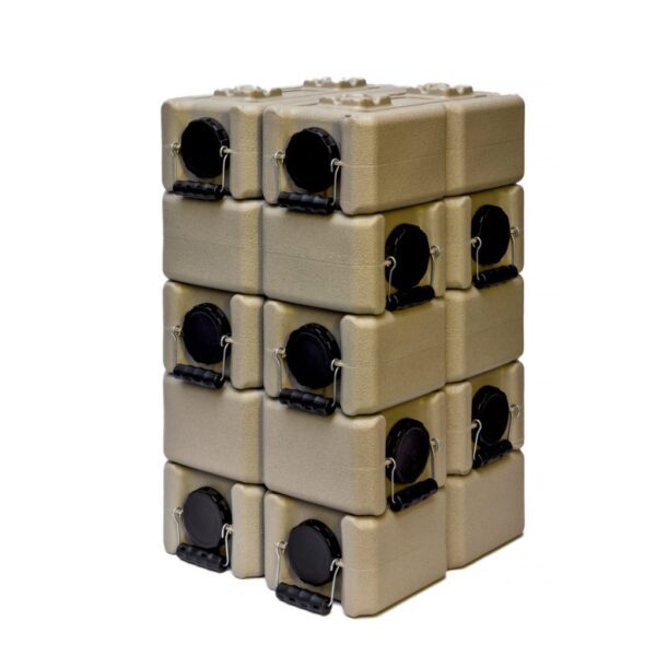 A stack of tan boxes with black handles.