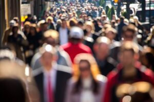 A large group of people walking down the street.