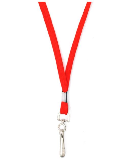 A red lanyard with a silver clasp on it.