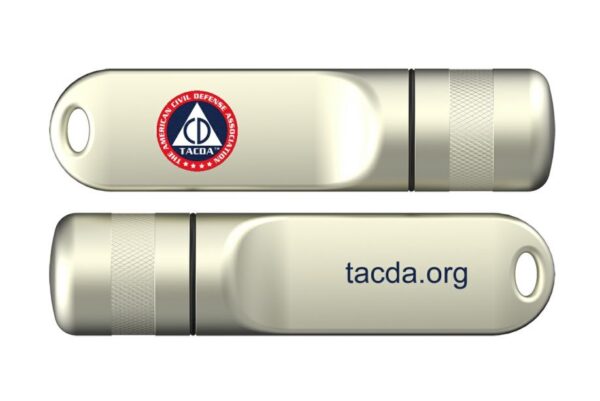 A silver usb flash drive with the logo of tacda. Org