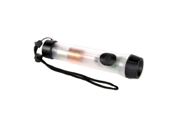 A flashlight with a black strap on it.