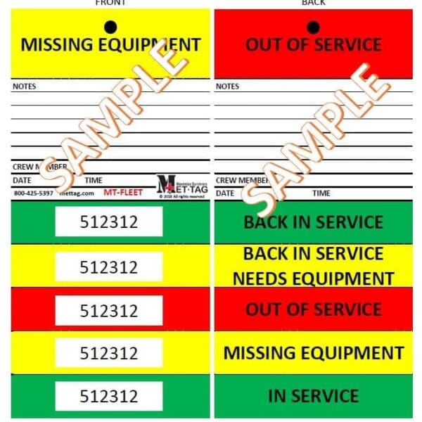 A set of missing equipment tags for service vehicles.