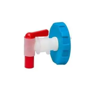 A red and white faucet with a blue cap.