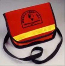 A red bag with yellow trim and black strap.