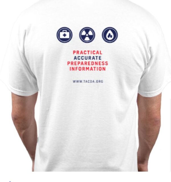 A white t-shirt with the words practical accurate preparedness information on it.