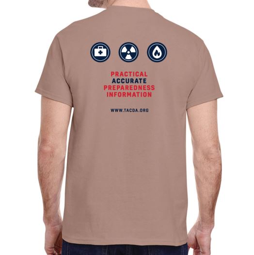 A tan t shirt with the words practical accurate preparedness information on it.