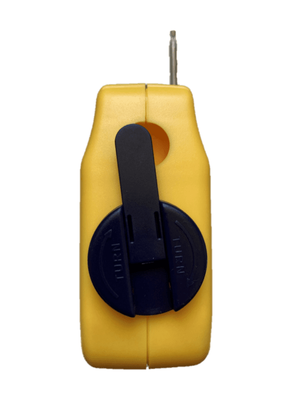 A yellow plastic object with a black handle.