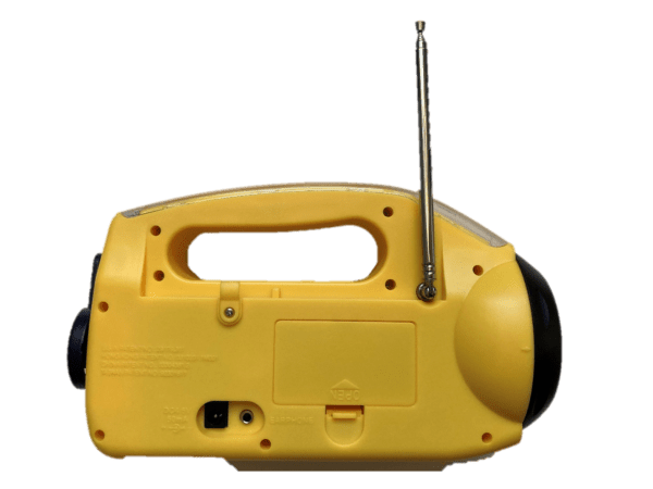A yellow radio with an antenna in the back.