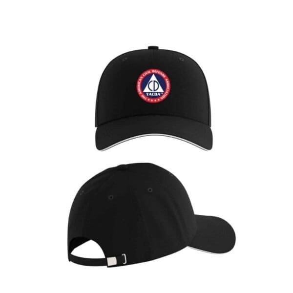 A black hat with a red and white logo on it.