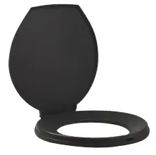 A black toilet seat with the lid up.