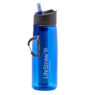 A blue lifestraw bottle with a carabiner attached.