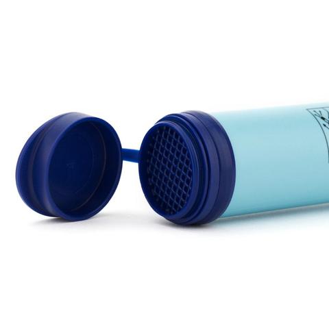 A blue thermos with a lid open to show the inside.