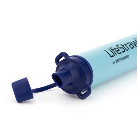 A blue lifestraw water bottle with its lid open.