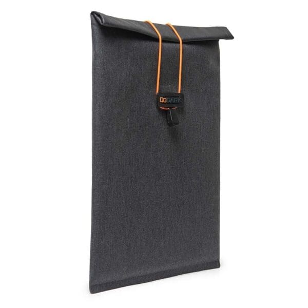 A black case with orange strap on top of it.
