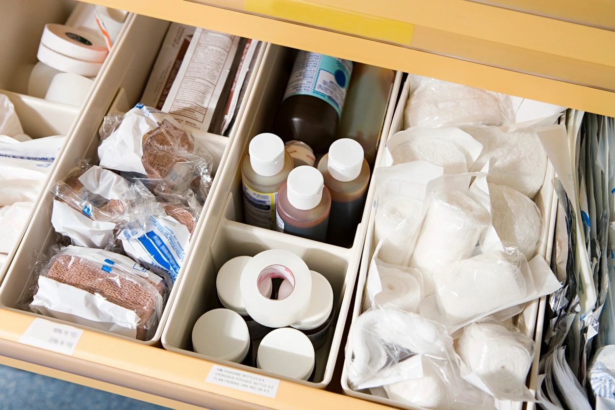 a drawer filled with first-aid supplies