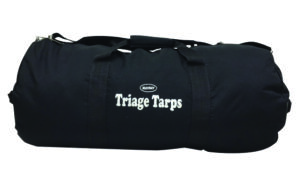 A black duffel bag with the words " triage tarps ".