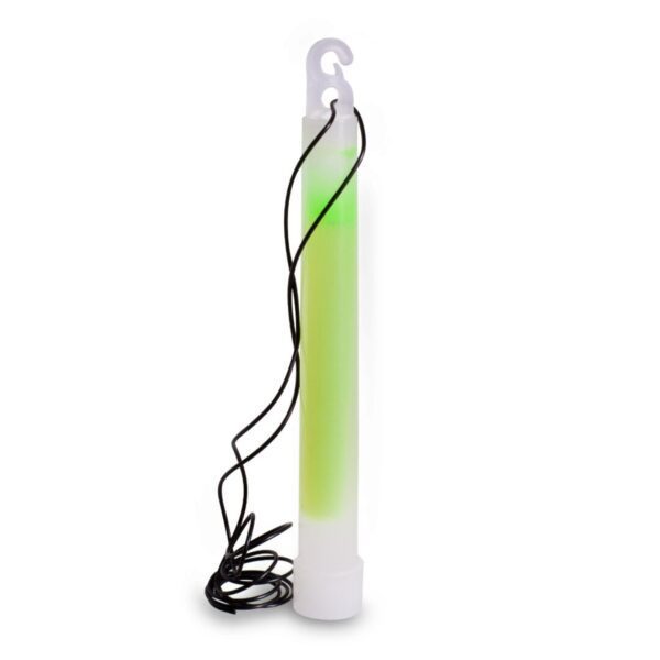 A green tube with black string attached to it.