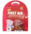 A red plastic case with 3 7 pieces of first aid.