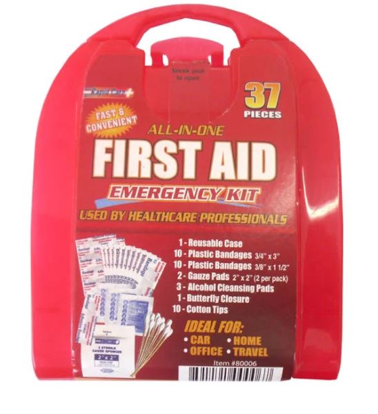 A red plastic case with 3 7 pieces of first aid.