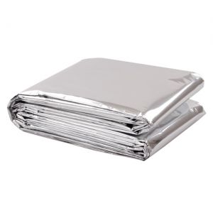 A silver sheet folded up in half.