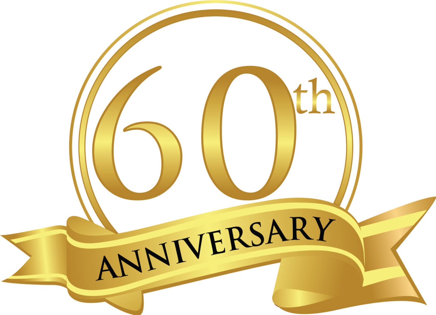 A golden 6 0 th anniversary sign with a ribbon.