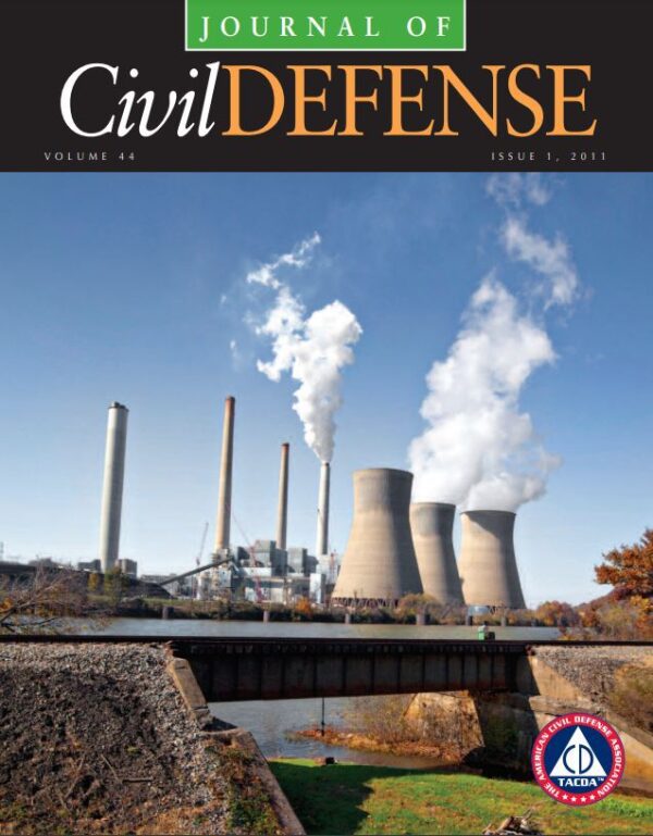A cover of civil defense magazine with smoke coming from the stacks.