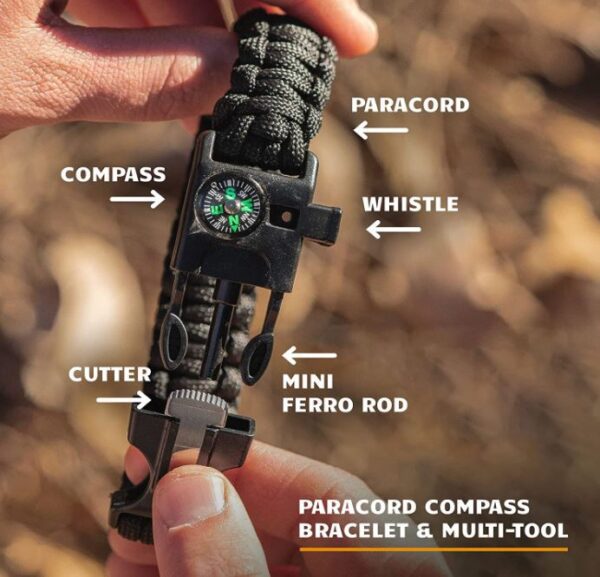A person holding a paracord bracelet and multi-tool.