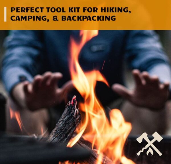 A person is holding a tool kit for hiking, camping and backpacking.