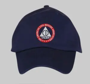 A navy blue hat with an embroidered logo.