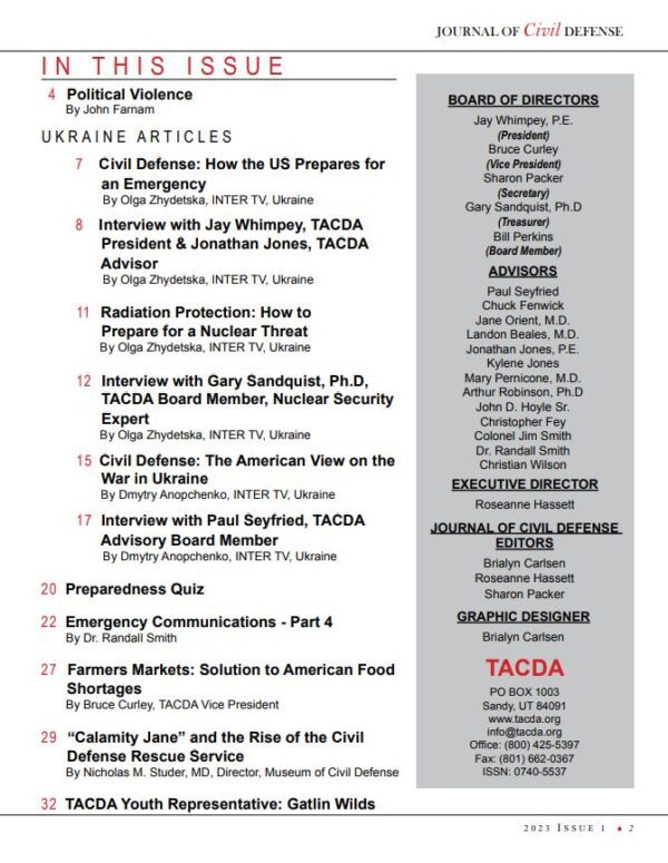A table of contents for the tacda newsletter.