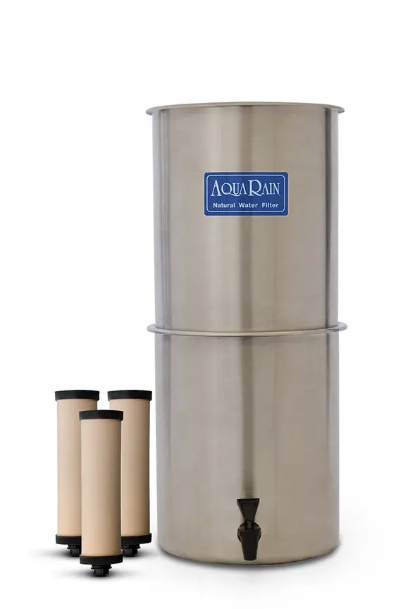 A stainless steel water filter with two filters.
